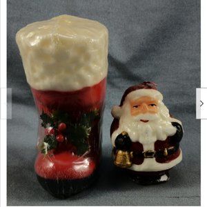 2 Christmas Wax Candles Handpainted Vtg Santa Claus NIP Boot Holly